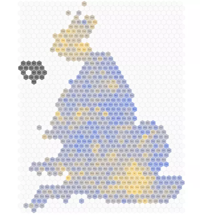 Hex map showing estimates of the EU Referendum results