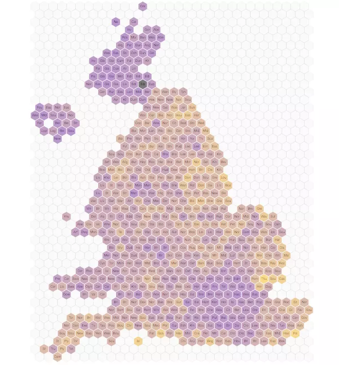 Hex map showing signatures for letting all UK citizens vote on who is mayor of London.