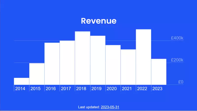 A yearly barchart showing revenue since 2014. It grew to over ã400,000 but had a downturn during the pandemic.
