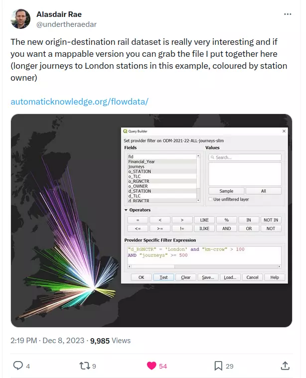 The new origin-destination rail dataset is really very interesting and if you want a mappable version you can grab the file I put together here (longer journeys to London stations in this example, coloured by station owner). There is a map of the UK showing lines radiating out from London.