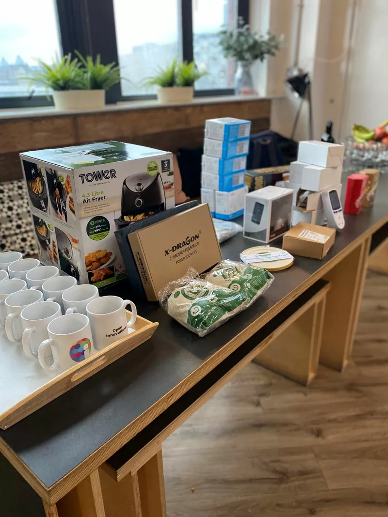 Prizes inclucing mugs, an air fryer, power meter plugs, tumble dryer balls and LED lights
