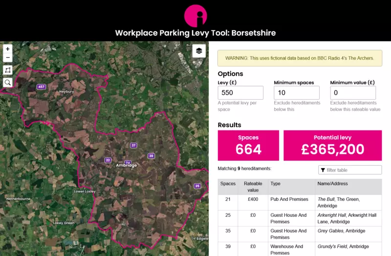 The left half shows a map of Ambridge with markers showing numbers of parking spaces. The right half shows an options panel (set the levy, minimum spaces and minimum value) as well as results. If a minimum of 10 spaces are required, Ambridge has 664 qualifying parking spaces and (at ã550) would raise ã365,200.