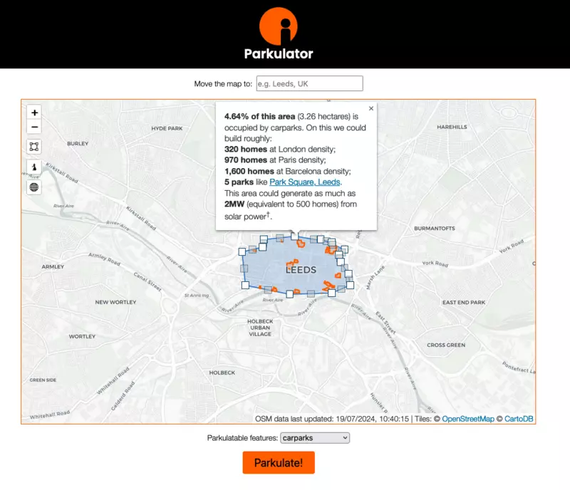 A screenshot of using the parkulator tool for central Leeds.