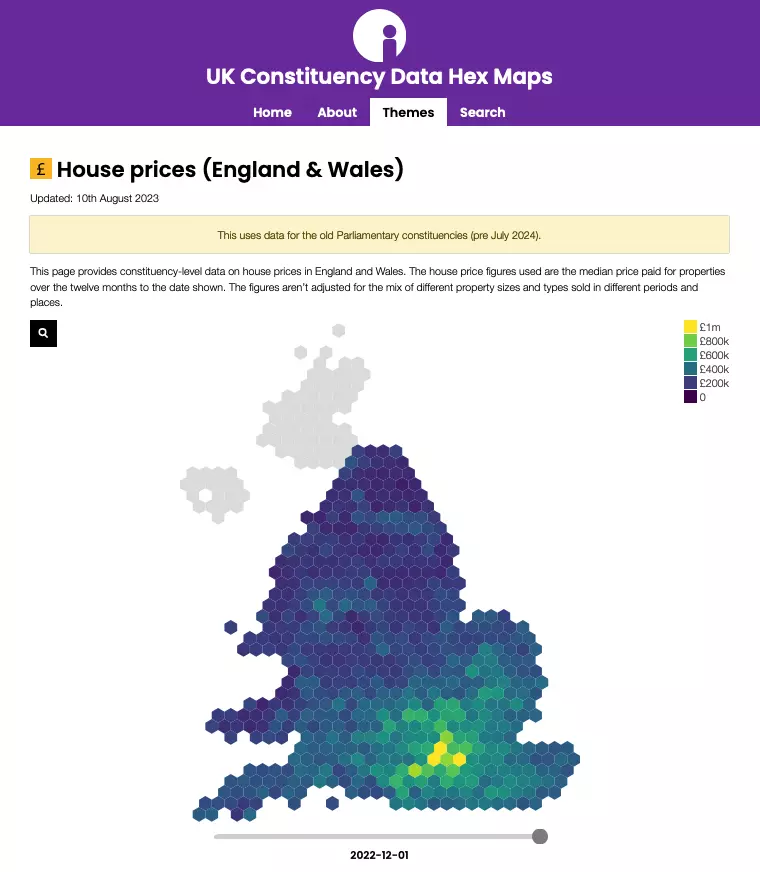 A hex map showing house prices in England and Wales for each constituency, coloured by the average price of a house.