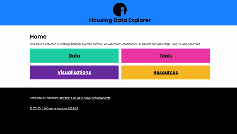 A screenshot of the home page of the housing data explorer