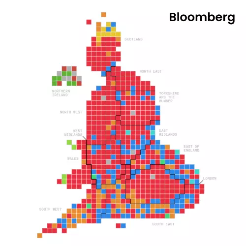 A cartogram showing squares representing UK Parliamentary constituencies. There are borders between each nation/region.