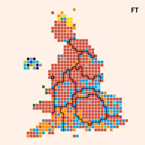 A cartogram showing squares representing UK Parliamentary constituencies. There are borders between each nation/region.