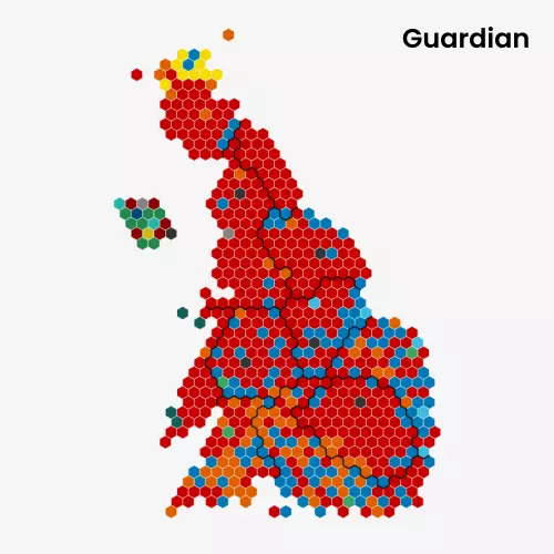 A cartogram showing pointy-topped hexagons representing UK Parliamentary constituencies. There are borders between each nation/region.