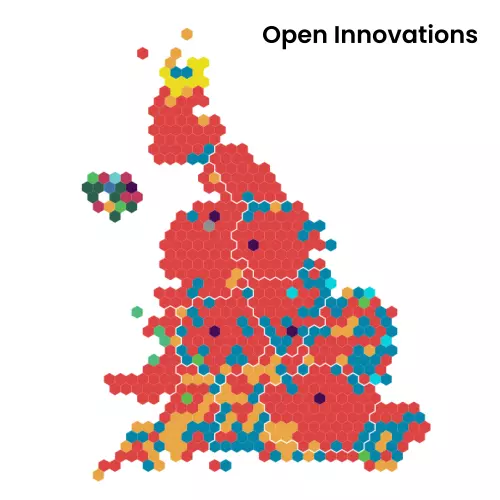 A cartogram showing pointy-topped hexagons representing UK Parliamentary constituencies. There are borders between each nation/region.