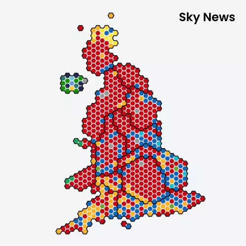 A cartogram showing flat-topped hexagons representing UK Parliamentary constituencies. There are borders between each nation/region.
