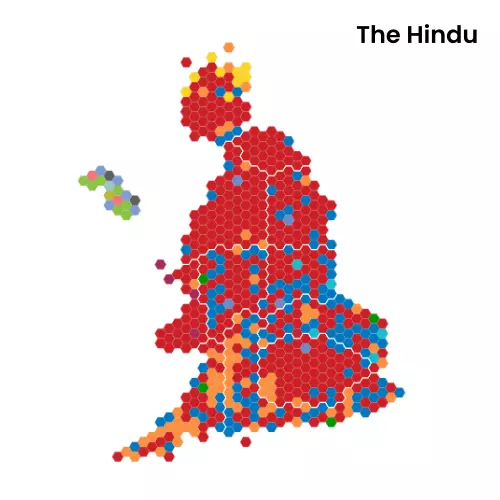 A cartogram showing flat-topped hexagons representing UK Parliamentary constituencies. There are borders between each nation/region.