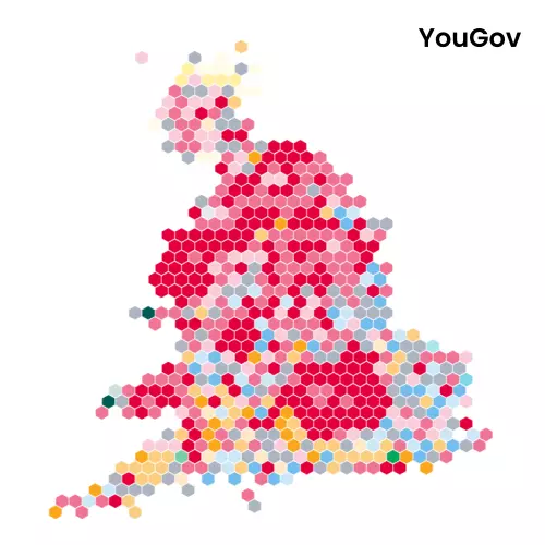 A cartogram showing pointy-topped hexagons representing UK Parliamentary constituencies.