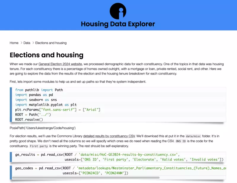 A screenshot of the elections and housing web page on the housing data explorer