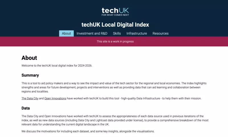 Screenshot of the techUK local digital index homepage