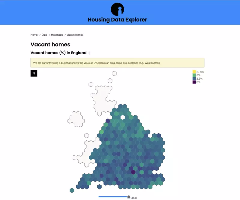 Screenshot of a hex cartogram showing vacant homes % by English local authority.