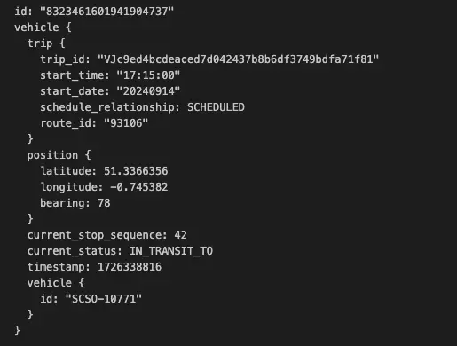 A dict structure showing an 'id' and 'vehicle'. The id is a unique string of numbers. The vehicle contains further objects: trip, position, current_stop_sequence, current_status, timestamp, and vehicle.