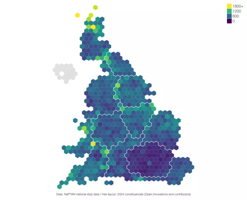 An image of a hex cartogram showing the number of bus stops per constituency in Great Britain.