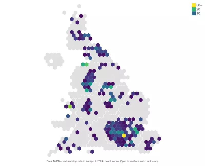 A hex map showing tram/metro stops per constituency in Great Britain