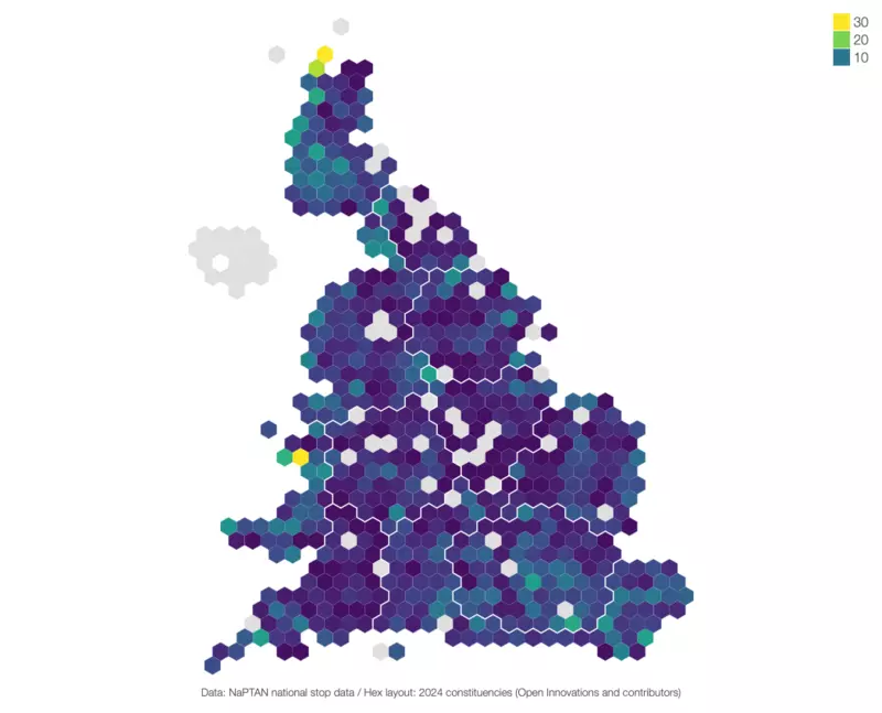 A hexmap showing rail stops per constituency in Great Britain.