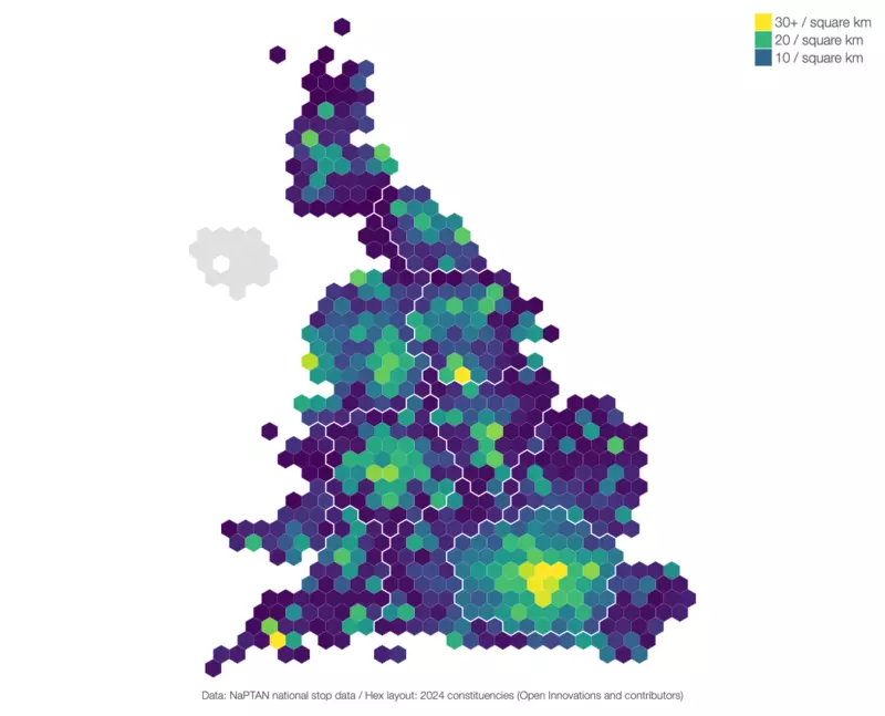 A hex cartogram showing the distribution of bus stops per square kilometre in Great Britain's parliamentary constituencies. London has the highest density, with several constituencies having more than 30 bus stops per square km. Other urban areas also stand out throughout the map.