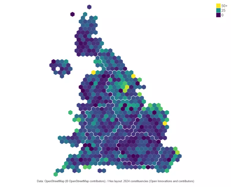 A hex cartogram showing the distribution of fish and chip shops by constituency. The hotspots are: Blackpool South (75), Scarborough and Whitby (57) and Clacton (52)