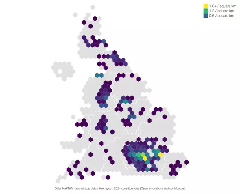 A hex cartogram showing the distribution of tram/metro stops per square kilometre in Great Britain's parliamentary constituencies. The majority of London's constituencies have tram/metro stops and densities of more than 1.8 per square km in two constituencies. The rest of GB is sparsely littered with low density tram/metro stops, with pockets of medium density in Liverpool, Manchester, Nottingham and Sheffield.