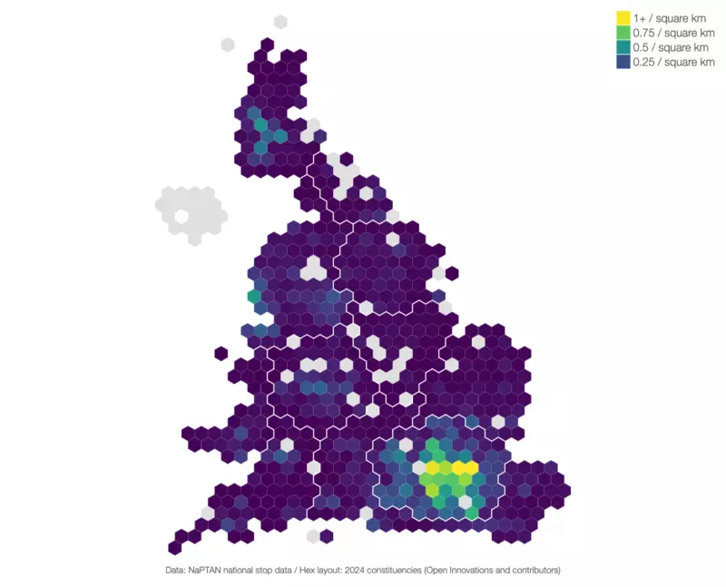 A hex cartogram showing the distribution of train stations per square kilometre in Great Britain's parliamentary constituencies. London has the best access to trains by far, with several constituencies having more than 1 station per square km and medium (0.5) to high (0.75) density in multiple constituencies. Liverpool and Glasgow have pockets of around 0.5 stations per square km, while the majority of the rest of Great Britain has fewer than 0.1 stations per square km.