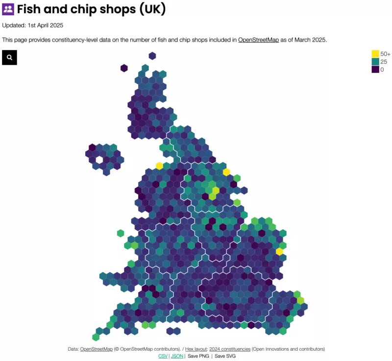 A hex map showing the number of fish and chip shops by UK Parliamentary Constituency