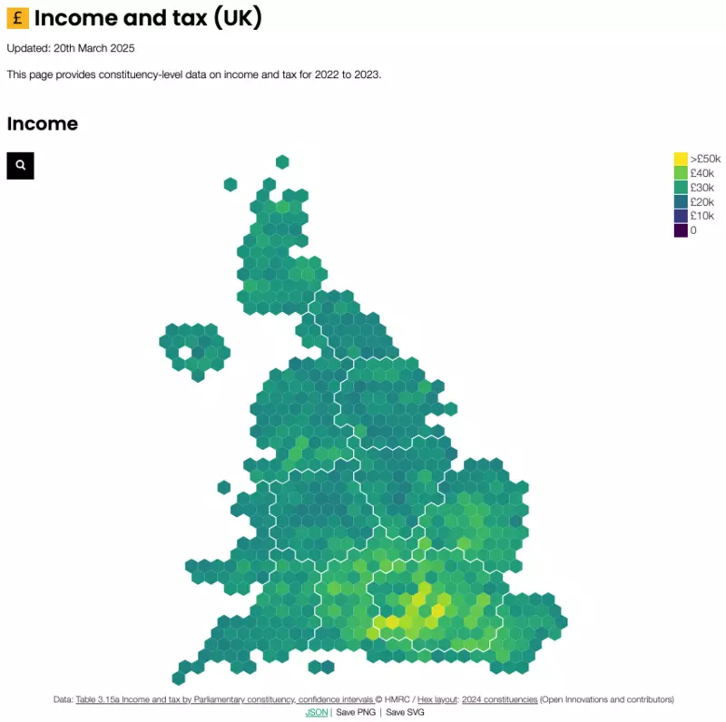 A hex map showing median income by UK Parliamentary Constituency