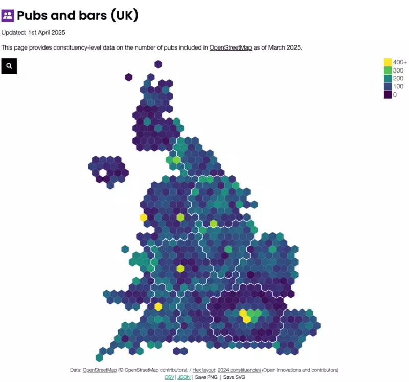 A hex map showing the number of pubs and bars by UK Parliamentary Constituency