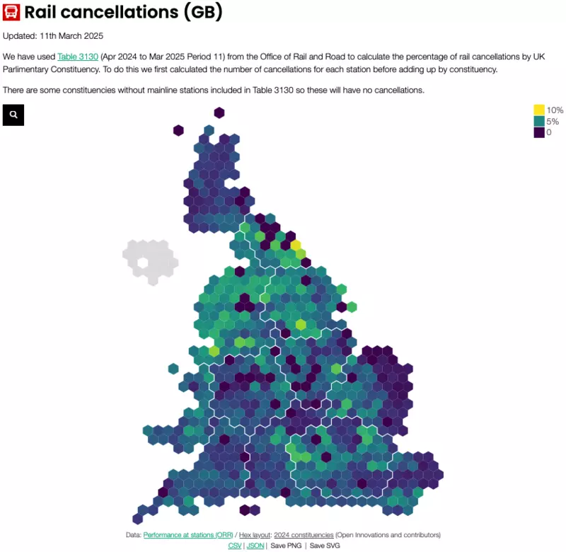 A hex map showing the percentage of rail cancellations by UK Parliamentary Constituency