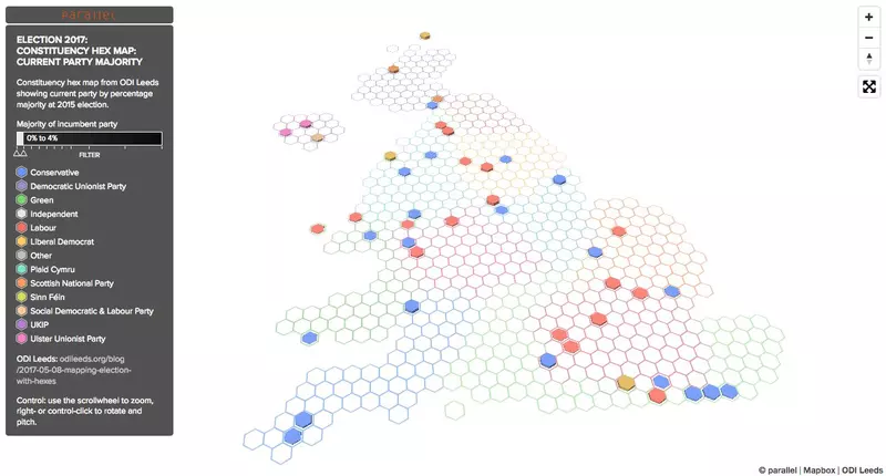 3D hex map showing constituencies with small majorities